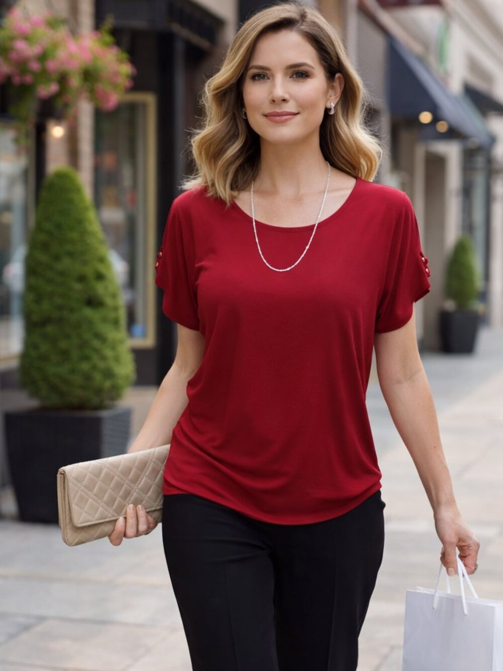 Unbranded Red stretch knit top capped sleeve with accent